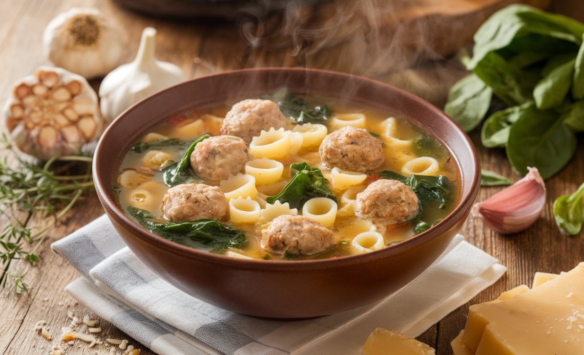 A bowl of Italian wedding soup filled with meatballs, leafy greens, and small pasta in a clear savory broth.