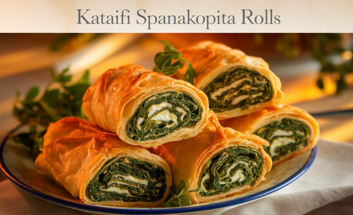Golden-brown Kataifi Spanakopita rolls filled with spinach and feta, garnished with herbs.