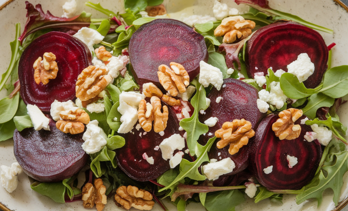 Keto-friendly beetroot salad with walnuts and crumbled feta cheese served in a white bowl.