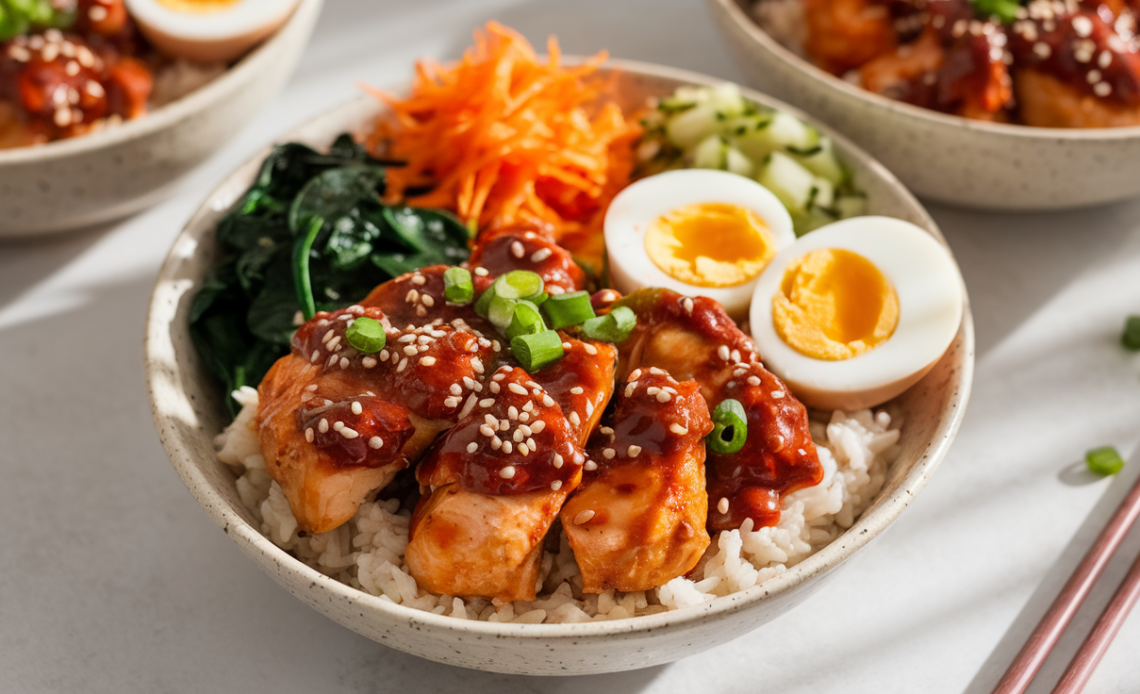 Close-up of Korean-inspired chicken meal prep bowls with rice, vegetables, and sesame seeds.