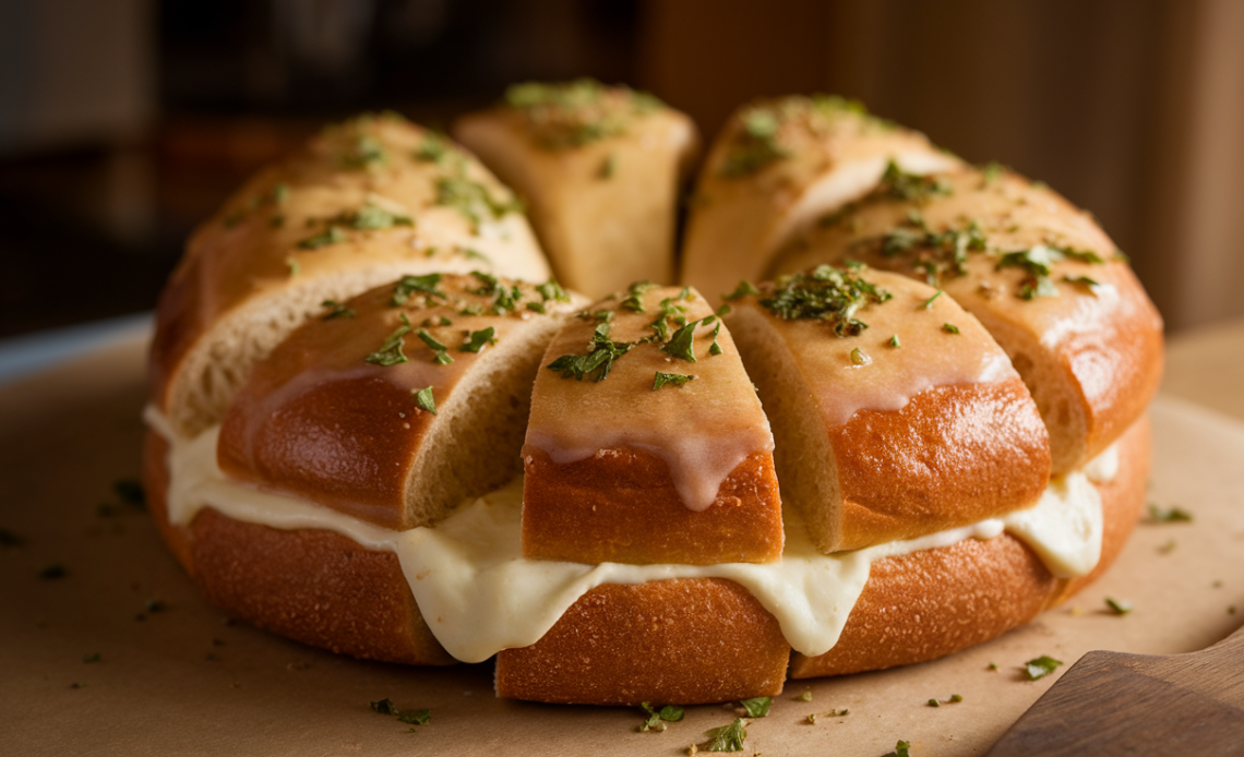 Close-up of Korean-inspired cream cheese garlic bread, golden brown and filled with creamy cheese, sprinkled with parsley.