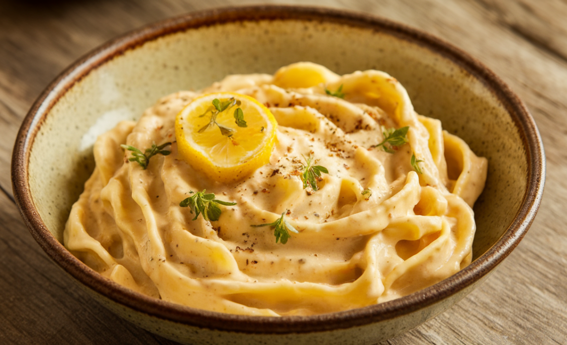 Creamy Lemon and Boursin pasta topped with fresh herbs served in a white bowl.