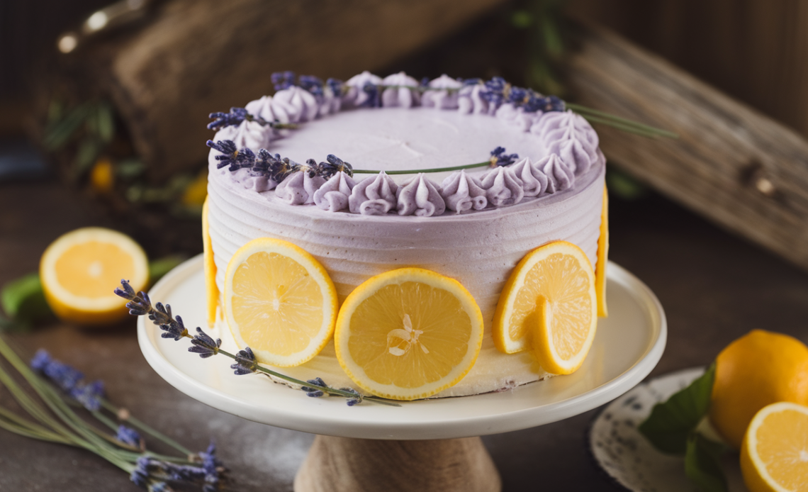 Slice of lemon lavender cake with light yellow frosting and lavender sprigs on top