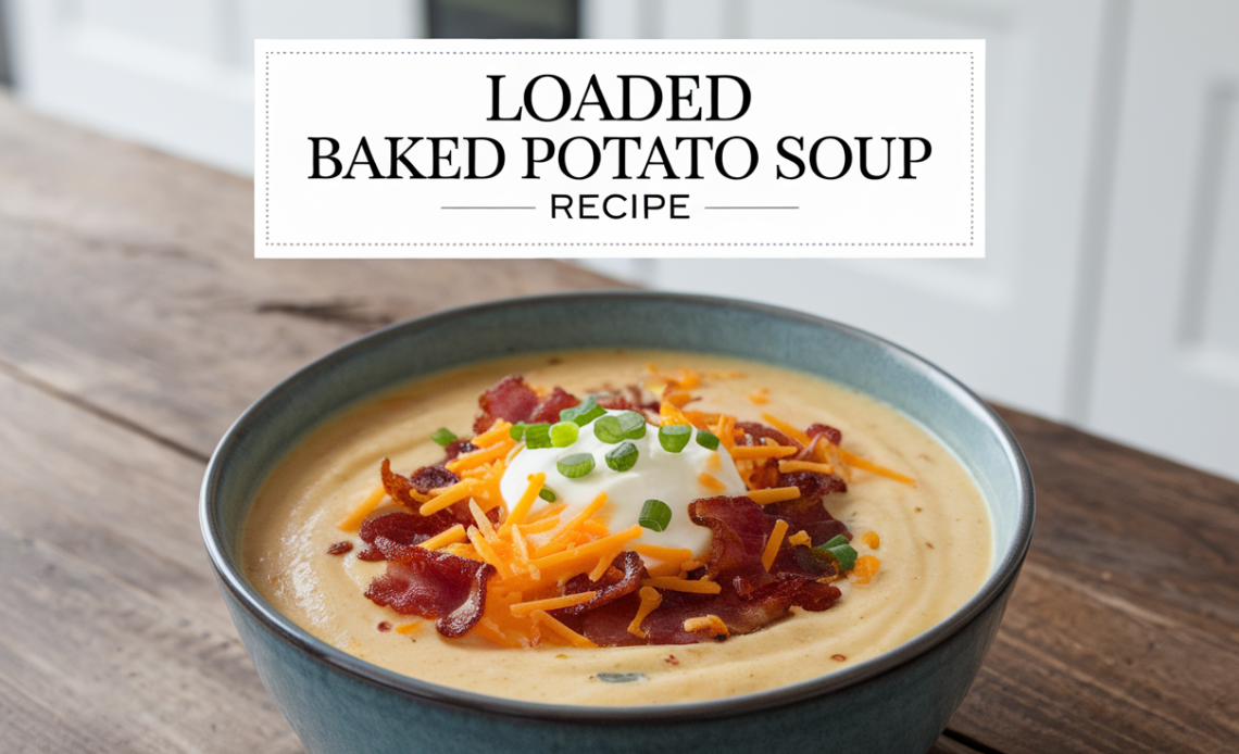 A bowl of creamy loaded baked potato soup topped with crispy bacon, shredded cheese, green onions, and sour cream.