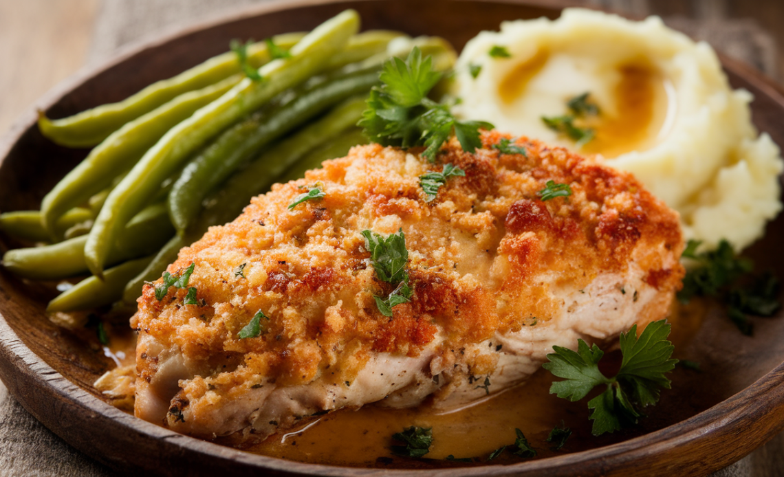 Close-up of Longhorn Steakhouse Parmesan Chicken served on a white plate, topped with melted Parmesan cheese and marinara sauce, accompanied by a side of steamed vegetables and mashed potatoes.