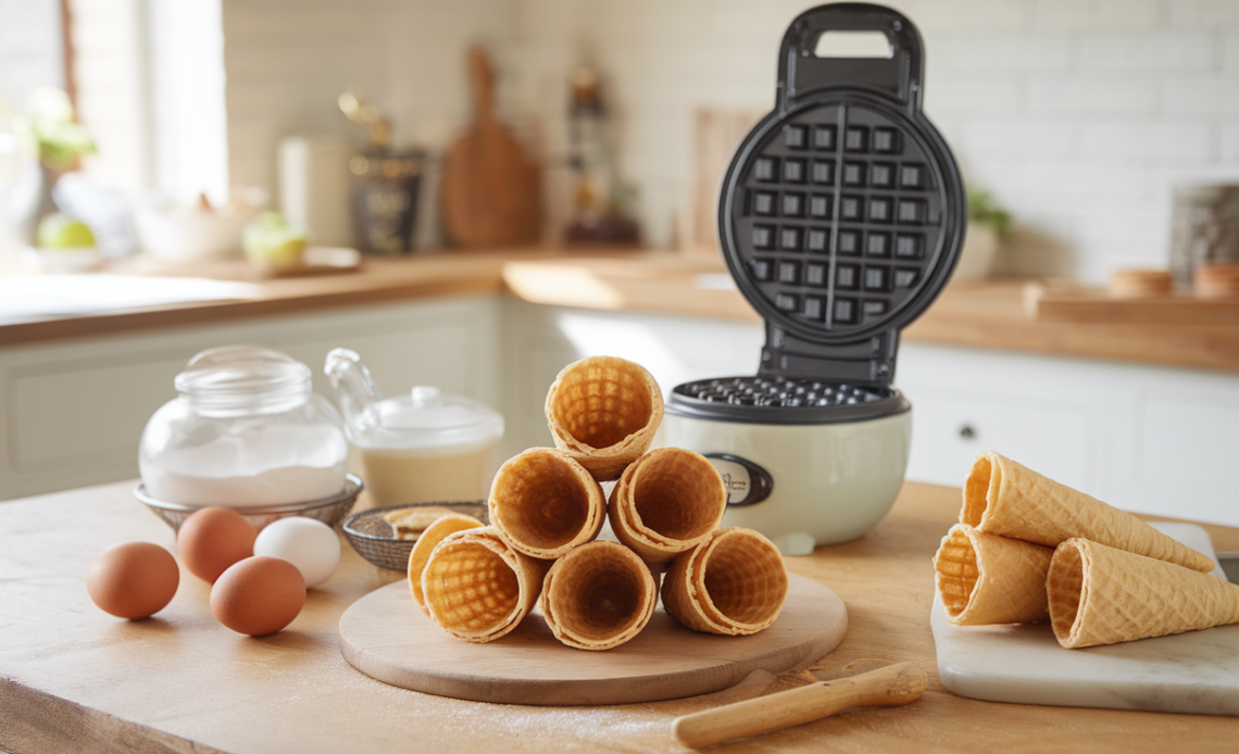 Golden brown homemade waffle cones stacked on a cooling rack, with one cone being shaped on a waffle cone roller.