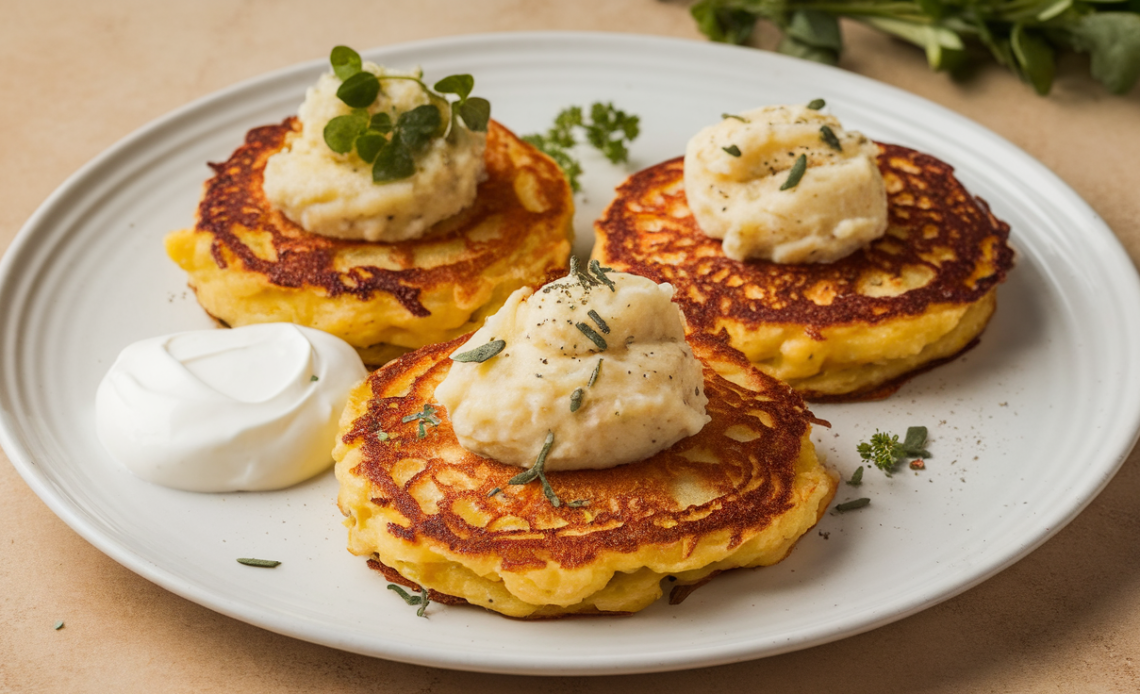 Golden-brown mashed potato pancakes stacked on a plate, garnished with fresh herbs.