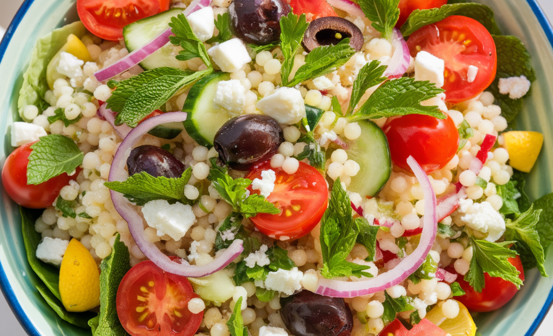 Bowl of vibrant Mediterranean couscous salad with cherry tomatoes, cucumbers, olives, red onion, and fresh herbs.