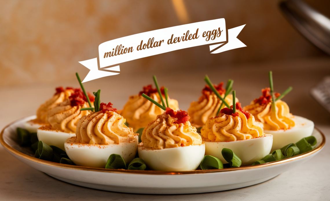 Close-up of creamy Million Dollar Deviled Eggs garnished with paprika and fresh herbs on a white serving plate.