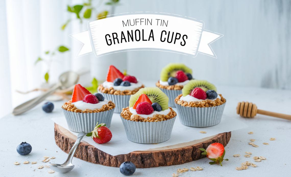 Muffin tin filled with crunchy granola cups topped with fresh berries and yogurt.