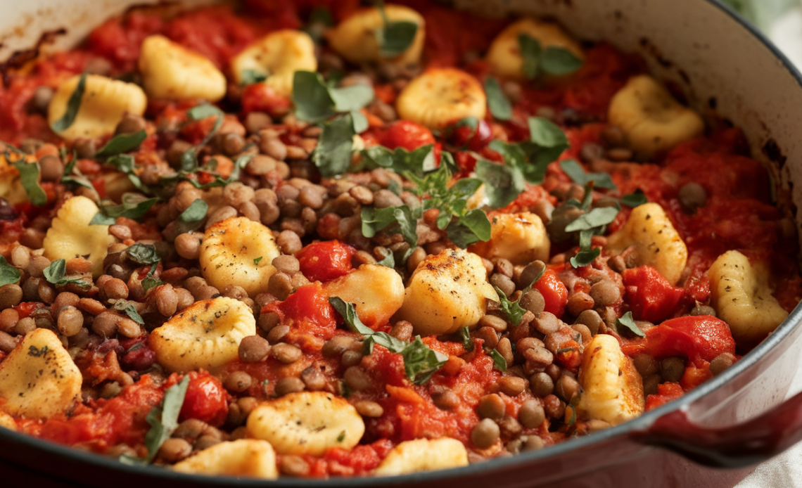 One pan baked tomato, lentil, and gnocchi dish with melted cheese and fresh herbs on top.