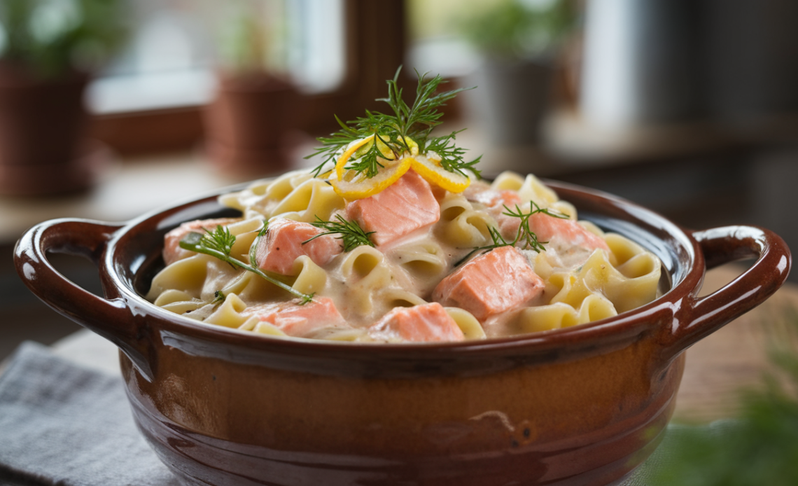 Creamy salmon pasta served in a white bowl, garnished with fresh parsley and lemon zest.
