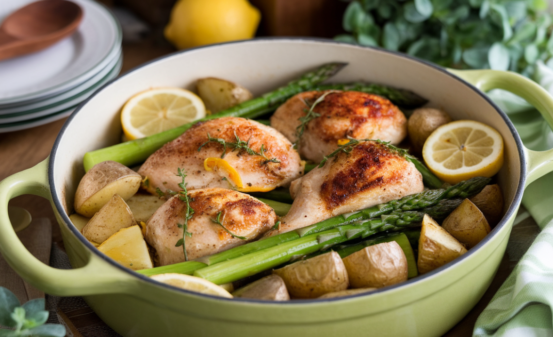 One pot Greek lemon chicken with roasted asparagus and golden potatoes in a rustic pan.