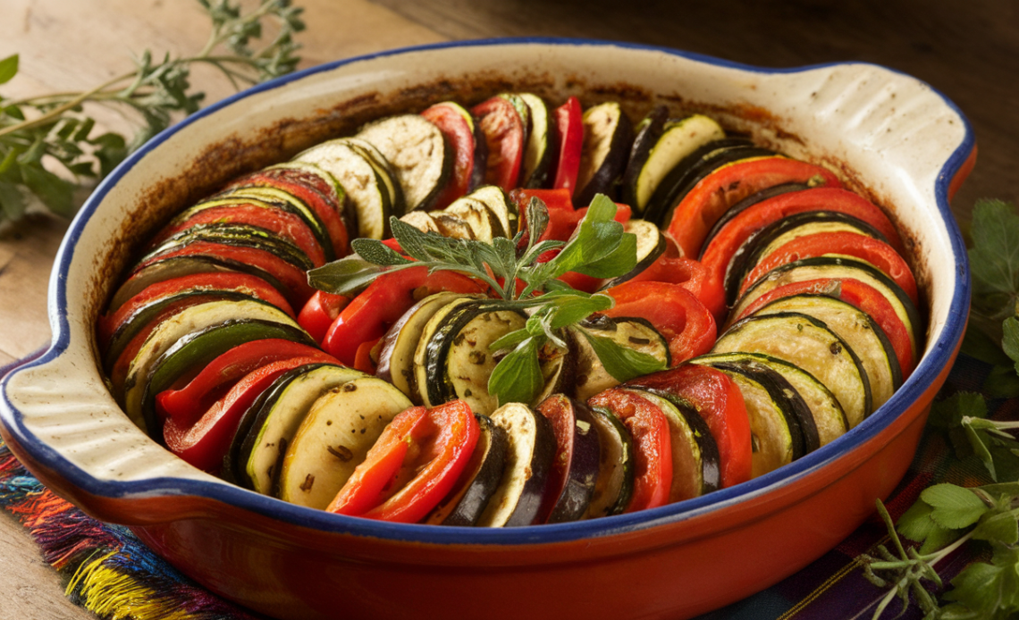 Close-up of a colorful oven-baked ratatouille in a round ceramic dish with sliced zucchini, eggplant, tomatoes, and bell peppers arranged in a spiral pattern.