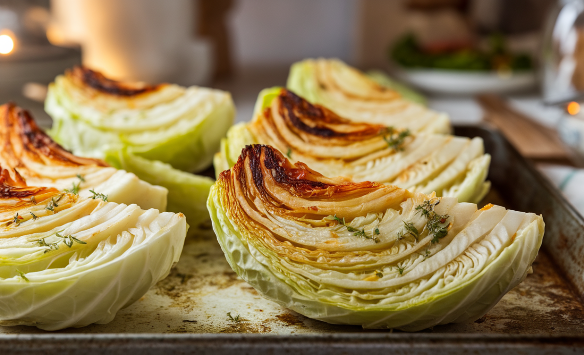 Oven roasted cabbage wedges with golden brown edges served on a rustic plate.