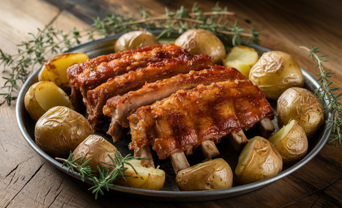 Golden-brown oven-roasted spareribs served with crispy potatoes on a rustic wooden plate.