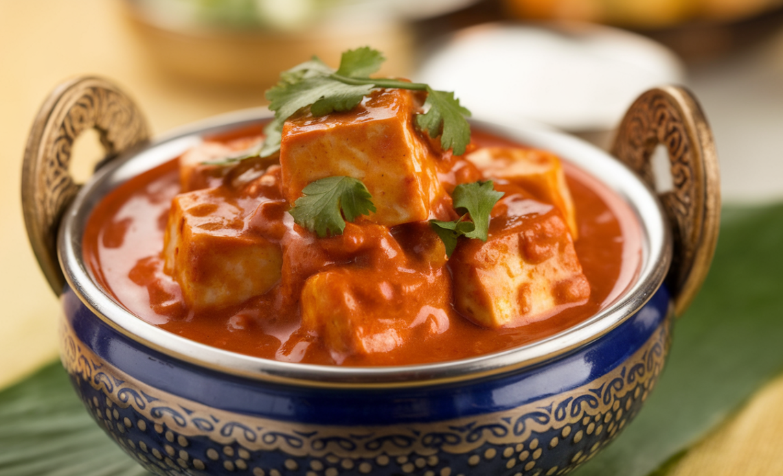 Close-up of a bowl of Paneer Tikka Masala garnished with fresh cilantro and served with naan bread.