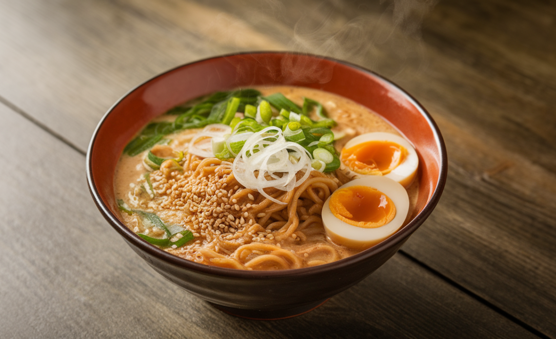 Bowl of peanut butter miso ramen topped with sliced green onions, soft-boiled egg halves, and sesame seeds.