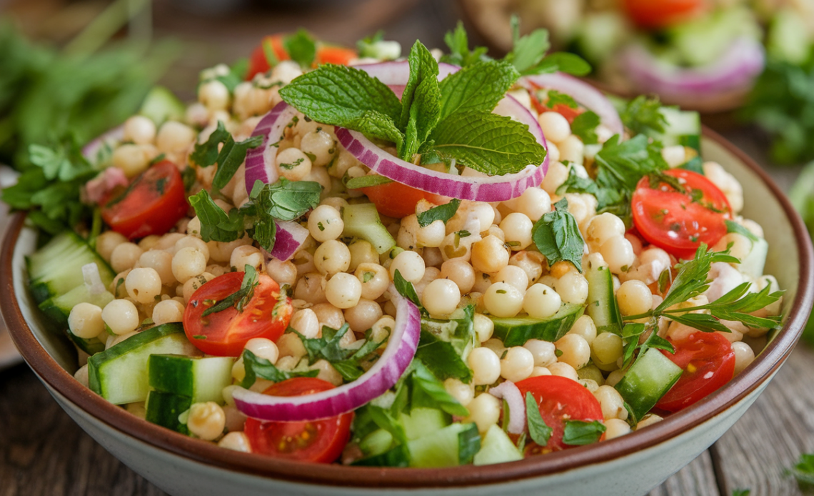 A fresh and colorful pearl couscous salad featuring vibrant vegetables, herbs, and a light vinaigrette dressing.