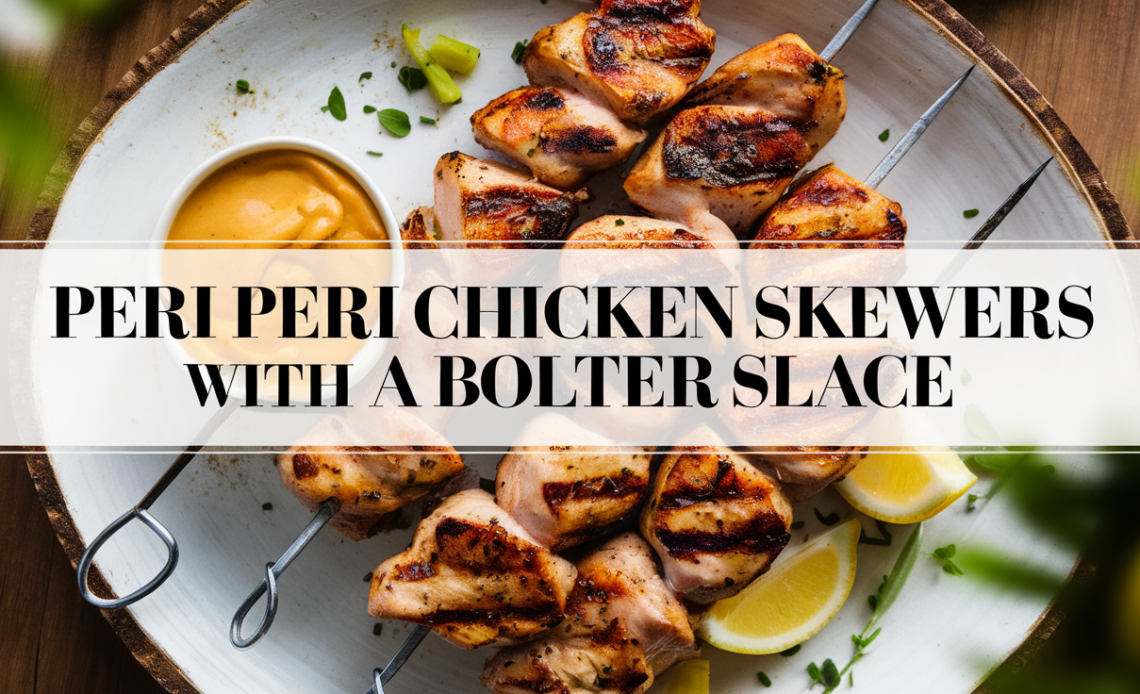 Grilled peri peri chicken skewers drizzled with a rich butter sauce, served on a rustic wooden platter with lemon wedges and fresh herbs.