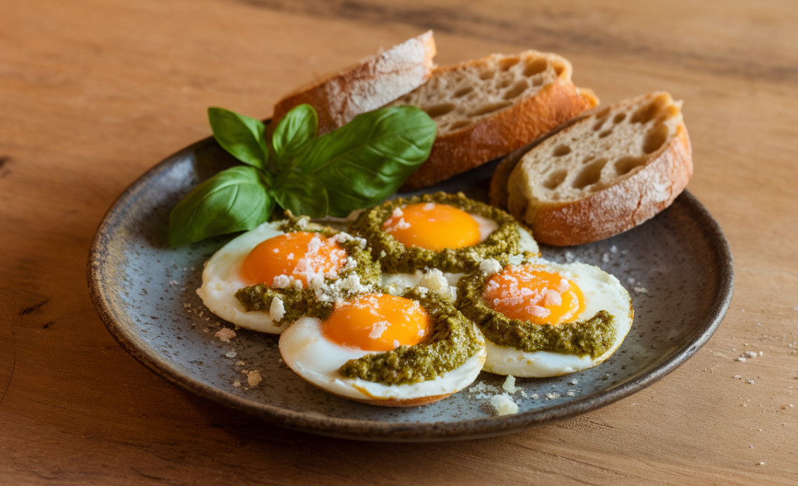 Close-up of perfectly cooked sunny-side-up eggs topped with vibrant green basil pesto and sprinkled with grated Parmesan cheese on a rustic plate.