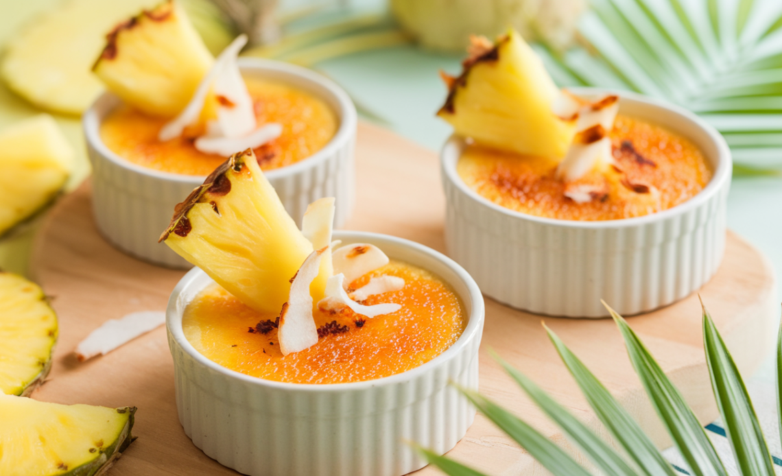 A creamy Pina Colada brûlée topped with caramelized sugar, garnished with a pineapple slice and shredded coconut.