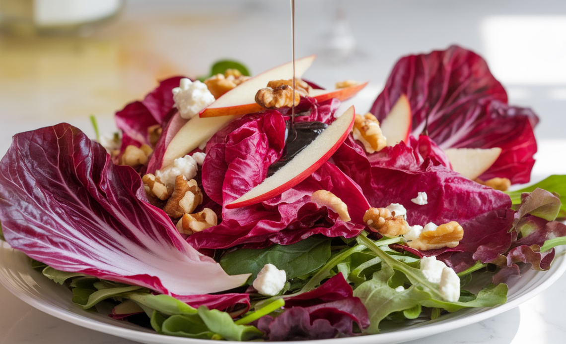 A vibrant and fresh pink radicchio salad, featuring crisp, leafy radicchio mixed with other colorful vegetables like carrots, cherry tomatoes, and a drizzle of dressing.