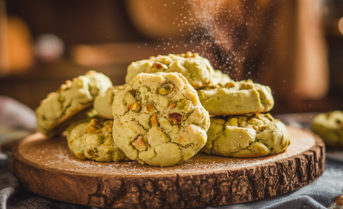 A plate of soft, green pistachio pudding cookies sprinkled with powdered sugar.