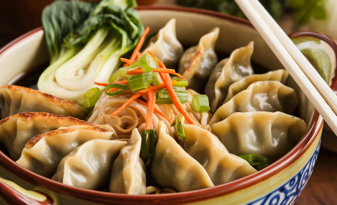 A vibrant bowl of potsticker noodle bowl with crispy potstickers, colorful vegetables, and fresh herbs.