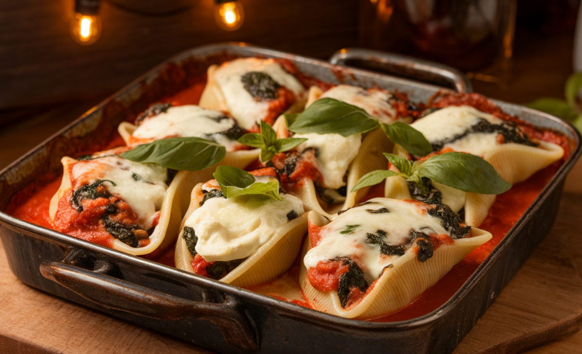Large pasta shells stuffed with creamy ricotta cheese and spinach, baked with marinara sauce and melted cheese on top.