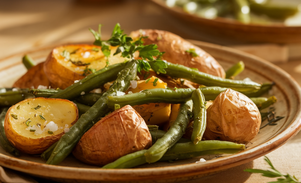 Golden roast potatoes served alongside vibrant green beans on a white plate.