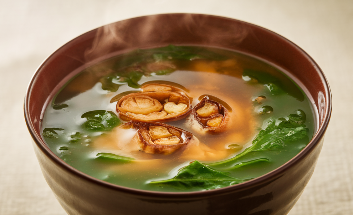 Bowl of roasted garlic miso soup garnished with fresh green leafy vegetables and a wooden spoon resting on the side.