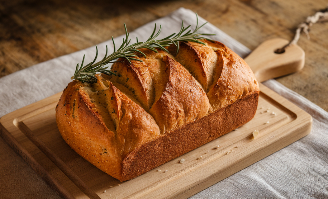 Loaf of rustic no-knead bread with fresh rosemary sprigs and garlic cloves on a wooden cutting board.