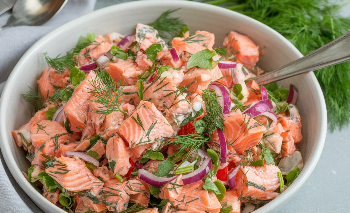 Fresh salmon salad with mixed greens, cherry tomatoes, cucumber slices, and a lemon wedge on a white plate