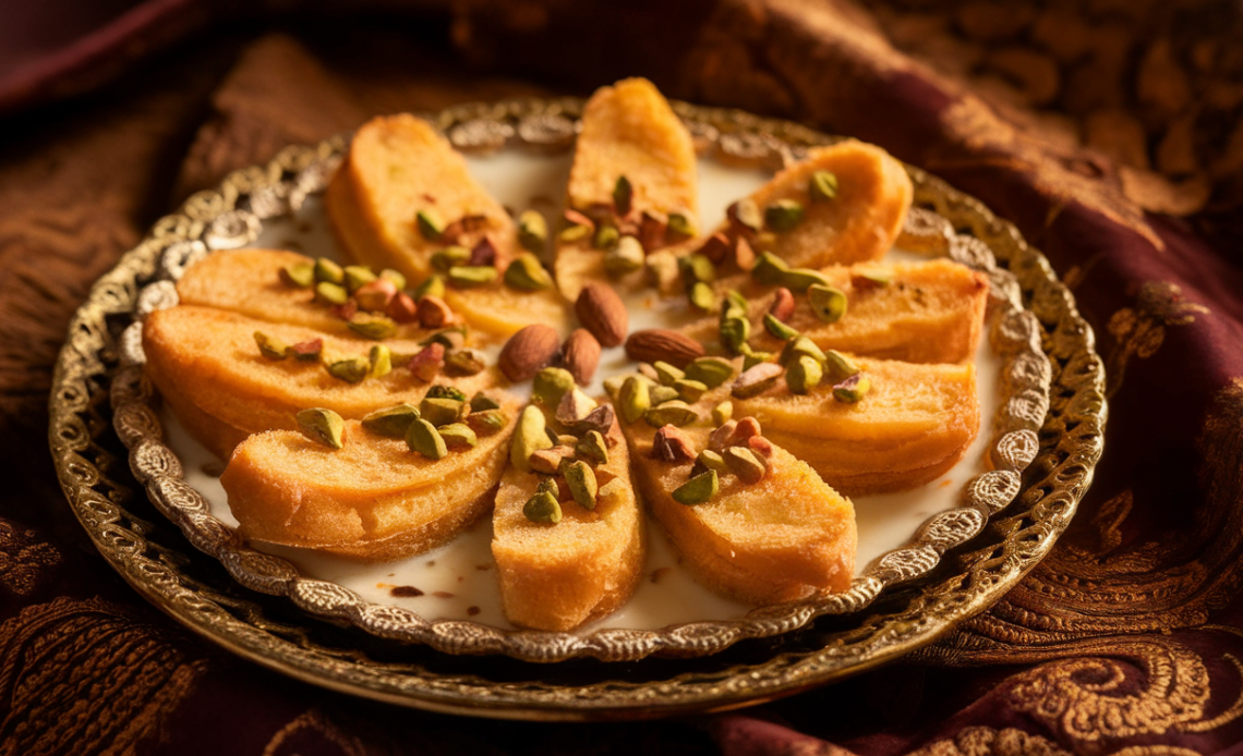 A bowl of Shahi Tukray garnished with chopped pistachios and almonds, showcasing golden-brown fried bread slices soaked in creamy saffron-flavored milk.