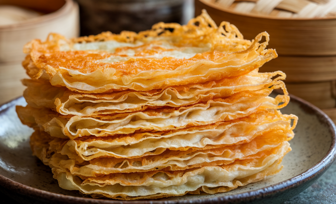 Close-up of golden, crispy Shou Zhua Bing Chinese pancakes stacked on a plate with a side of dipping sauce.