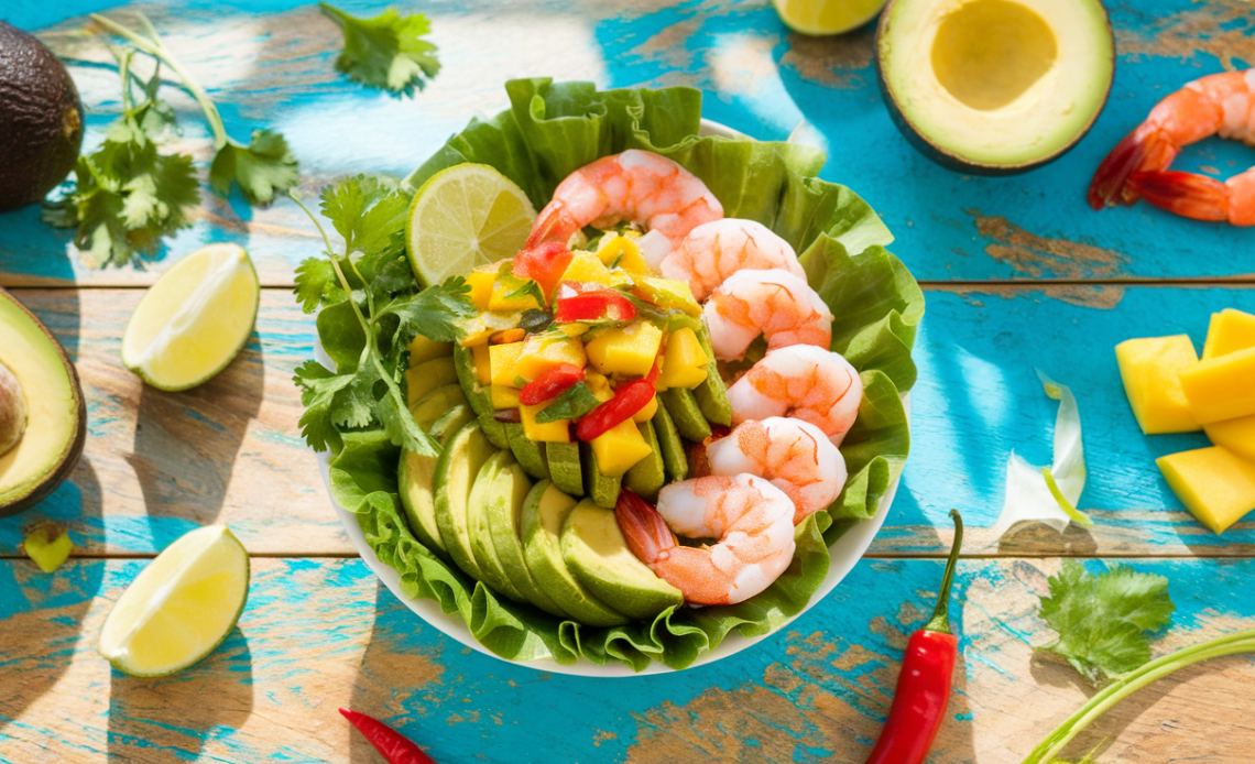 Bowl filled with grilled shrimp, sliced avocado, mango salsa, rice, and drizzled with lime-chili sauce, garnished with cilantro and lime wedges.