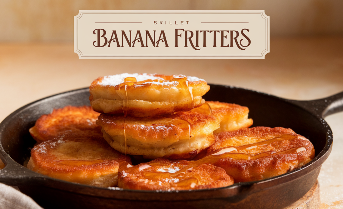 Golden, crispy skillet banana fritters topped with powdered sugar and served on a white plate.