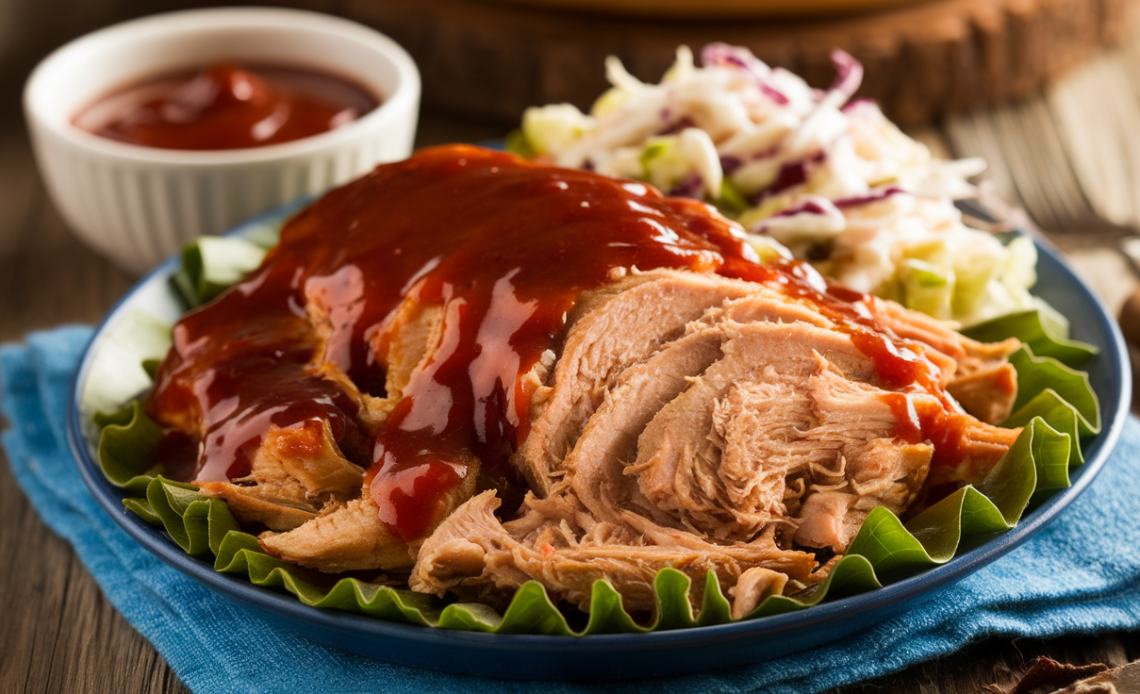 Slow cooker filled with tender shredded BBQ pulled chicken topped with fresh herbs.