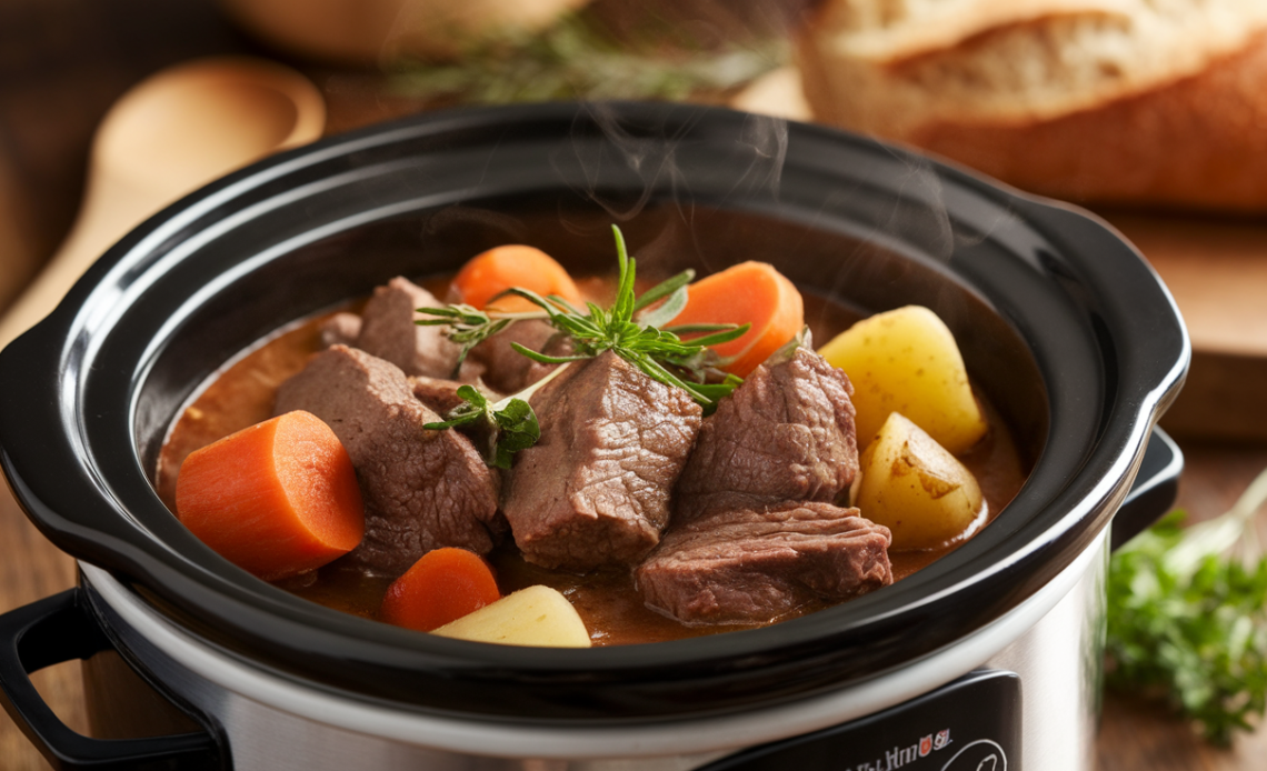 Hearty slow cooker beef stew with tender chunks of beef, carrots, potatoes, and herbs in a rustic bowl.