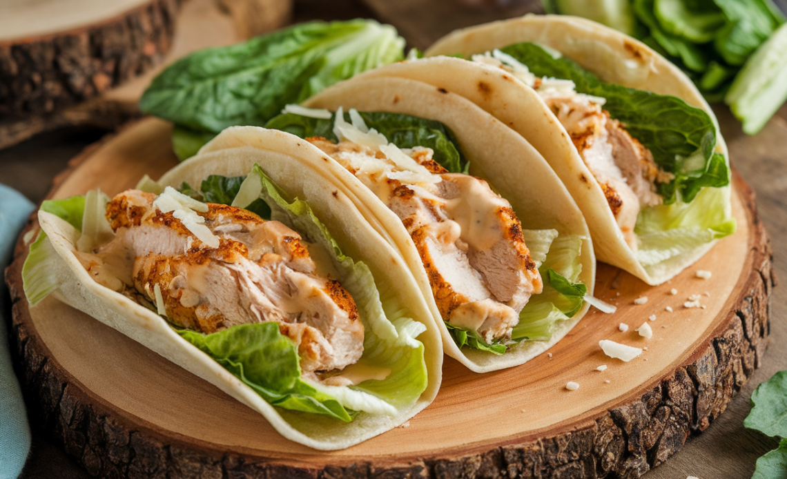 Smash Chicken Caesar Tacos topped with grilled chicken, fresh romaine lettuce, shaved Parmesan, and creamy Caesar dressing in soft taco shells.