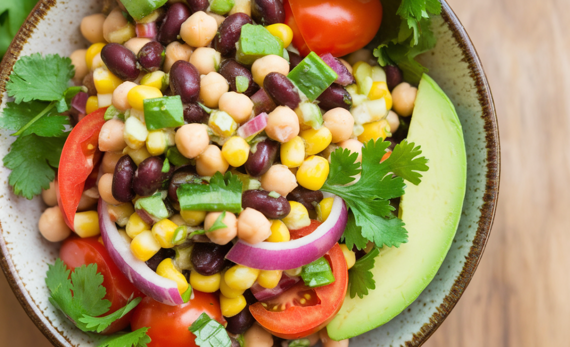A vibrant Southwest Chickpea Black Bean Salad with colorful ingredients like black beans, chickpeas, corn, diced tomatoes, red onions, avocado, and cilantro, served in a white bowl on a rustic wooden table.