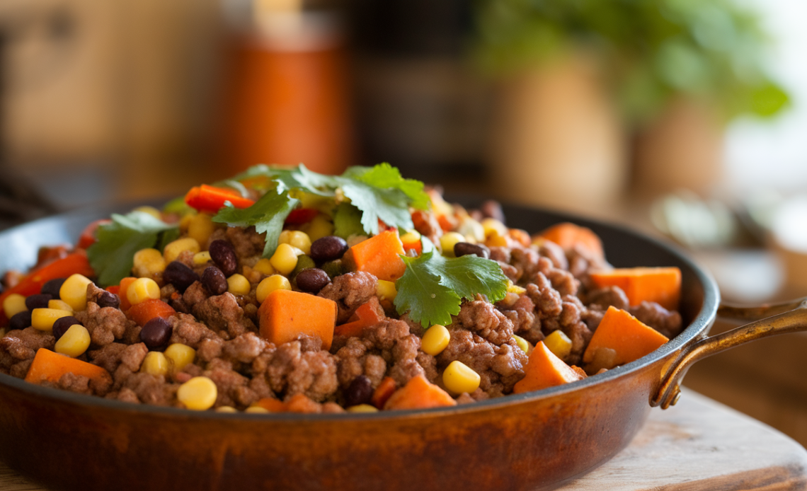Southwest ground beef and sweet potato skillet with colorful vegetables and melted cheese