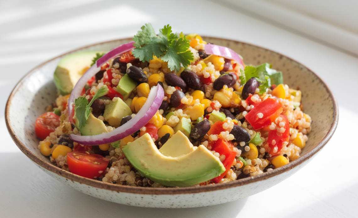 Colorful Southwest quinoa salad in a white bowl, featuring black beans, corn, cherry tomatoes, red onion, avocado, and fresh cilantro.
