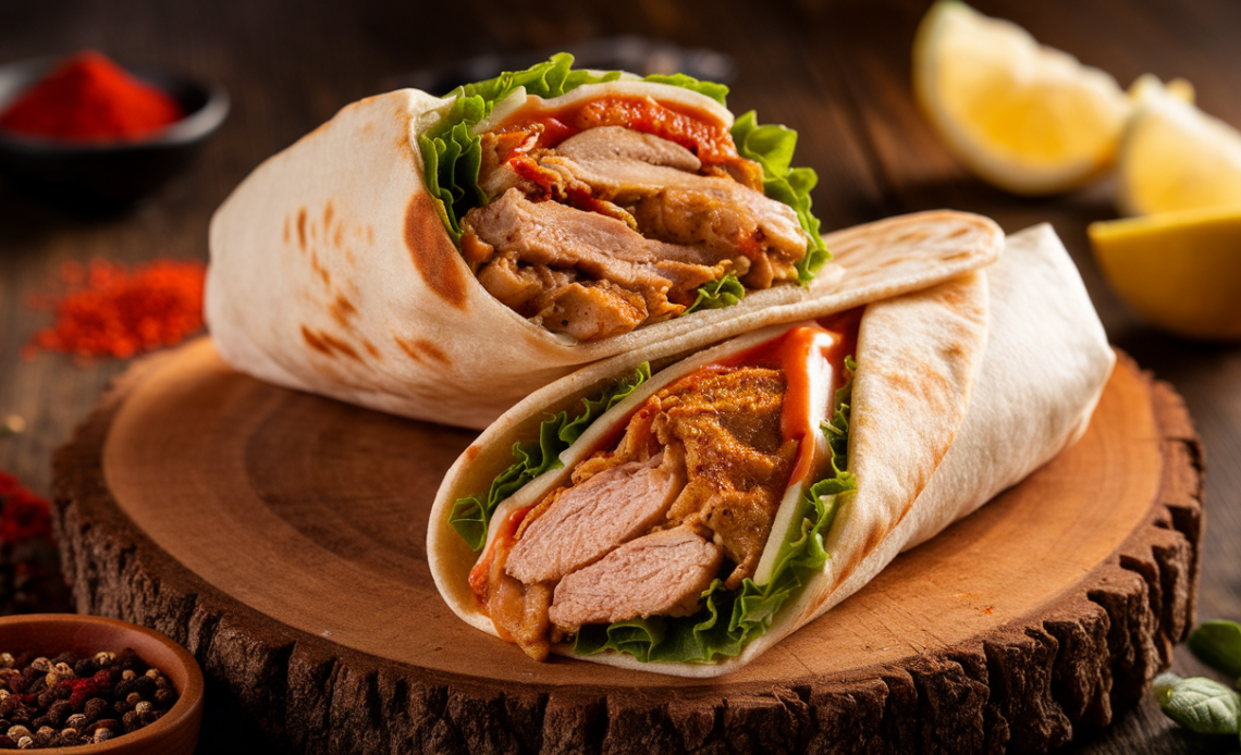 Spicy chicken shawarma wrap sliced in half, filled with marinated grilled chicken, fresh vegetables, and garlic sauce, served on a wooden board.