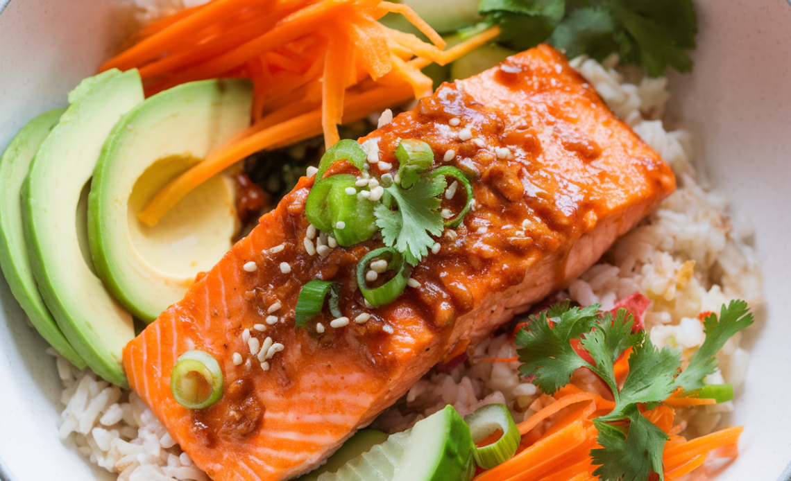 Bowl of spicy salmon over fluffy coconut rice, garnished with avocado, cucumber, sesame seeds, and fresh herbs.