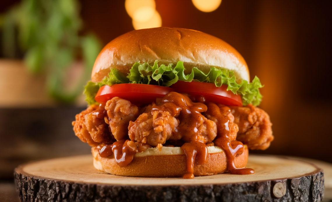 Crispy golden chicken burger with sticky glaze, fresh lettuce, and soft bun.