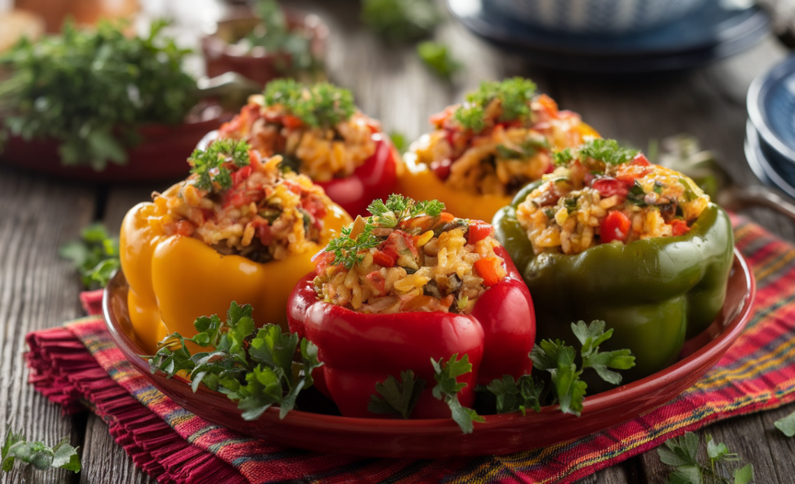 Colorful stuffed bell peppers filled with a savory mixture of rice, ground meat, and vegetables, baked to perfection on a white plate.