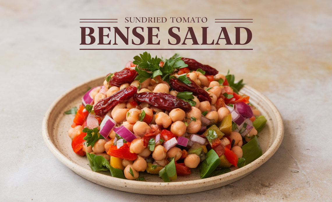 A vibrant bowl of sundried tomato bean salad featuring white and red beans, chopped herbs, diced onions, and sundried tomatoes, garnished with olive oil and cracked black pepper.