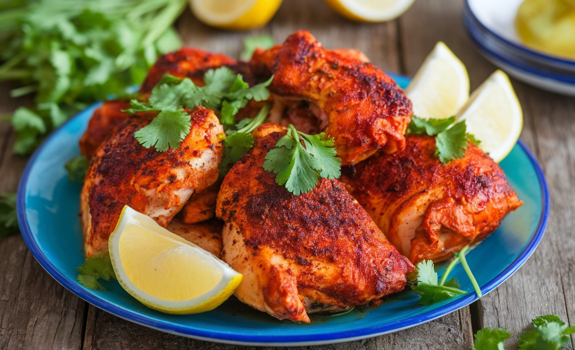 A close-up of vibrant, juicy tandoori chicken pieces garnished with fresh cilantro and lemon wedges on a rustic wooden platter.